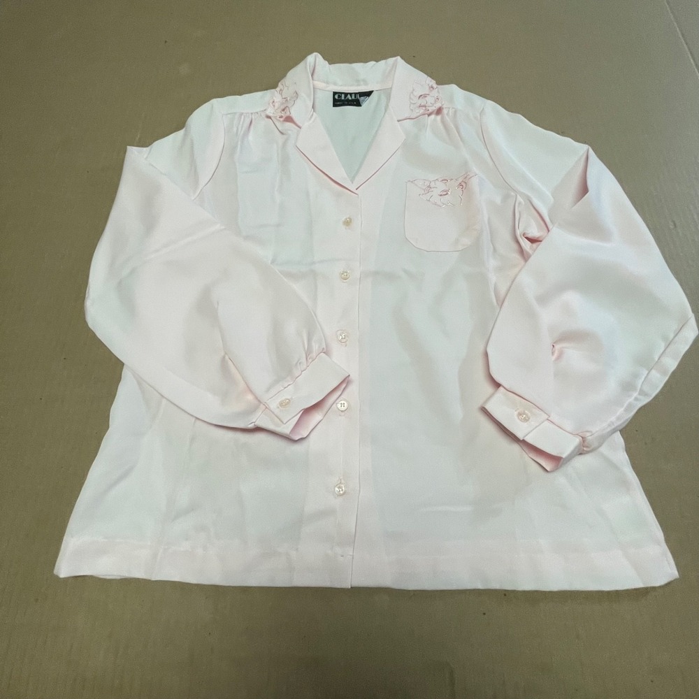 Vintage Claudia Sleepwear Pink Satin PJ Top Floral Embroidered Size M/L 20.5" P